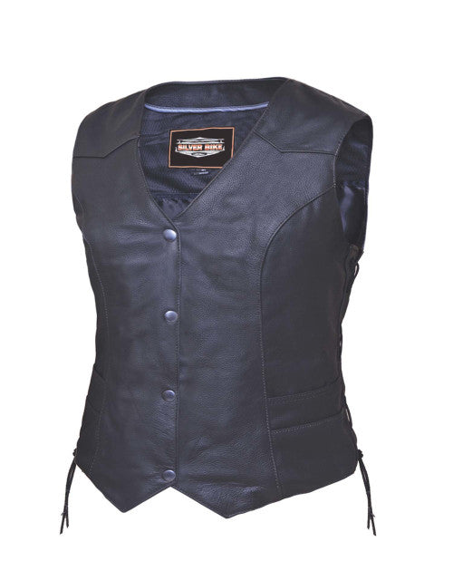 Ladies Black Cowhide Leather Vest with Side Lace 7459